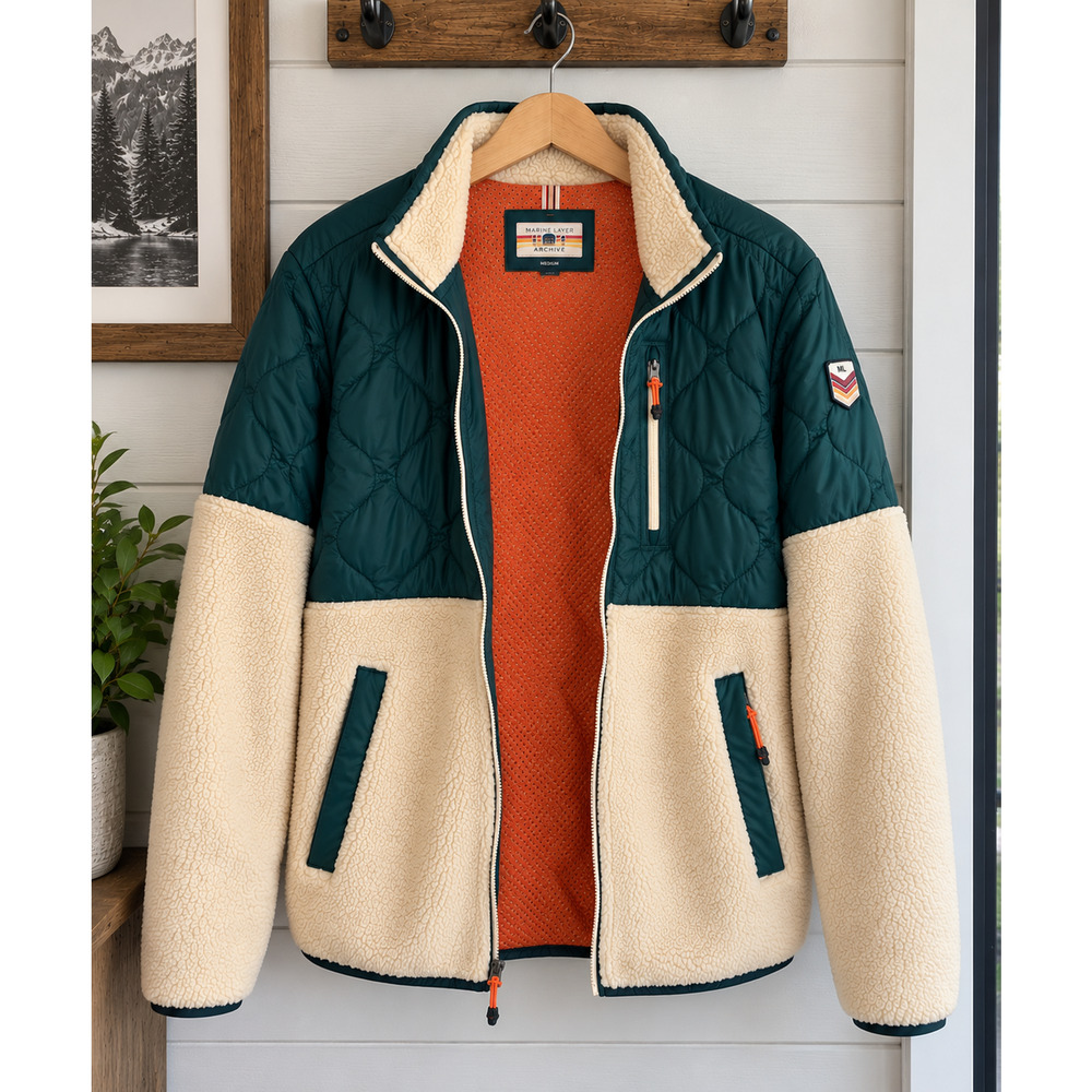 Marine Layer Archive Bariloche Sherpa Jacket Medium Green Tan Full Zip Rare NWOT - Picture 3 of 12